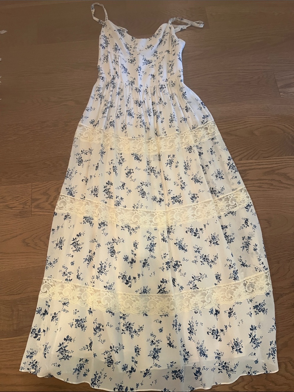 Reformation White Floral Maxi Dress with Blue Print
